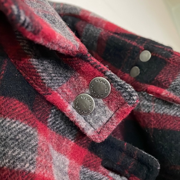 WOOLRICH Vintage Wool Plaid Check Double Breasted Coat Jacket Peacoat Red Black - Picture 9 of 14